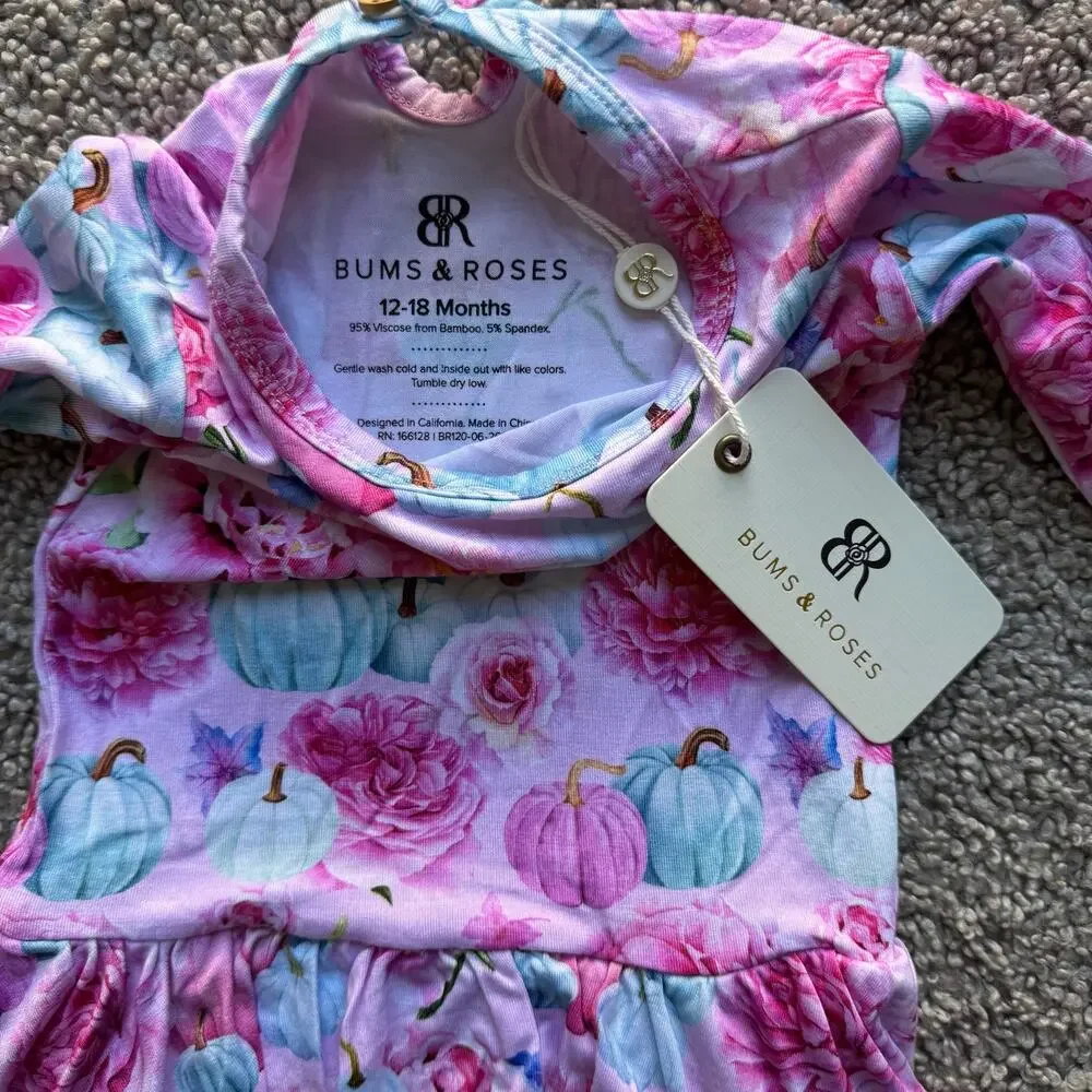 NWT Bums & Roses Pink Floral Pumpkin Bamboo Long Sleeve One Piece Ruffle 12-18M